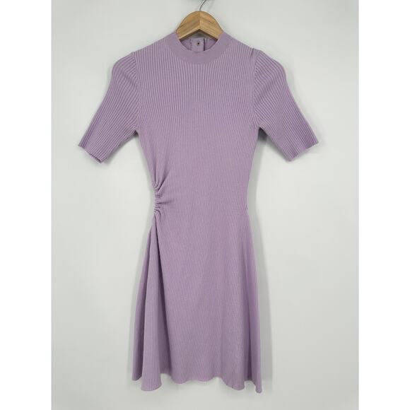 Maje Reine Dress Rib Knit Short Sleeve Mock Neck Fit and Flare Mini Light Purple - Picture 7 of 14